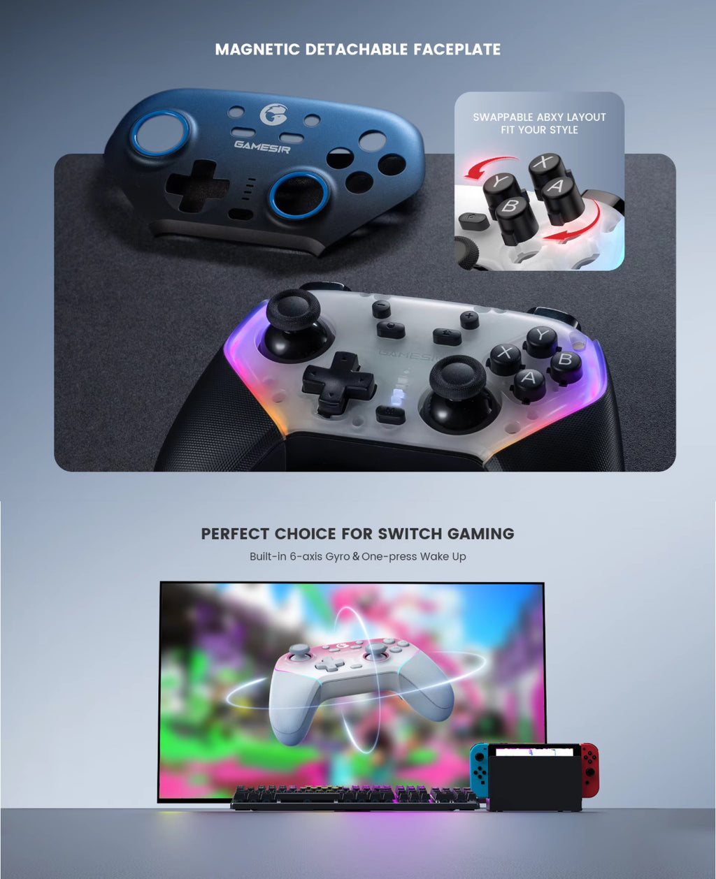 Gamesir Super Nova RGB Lighting Swappable ABXY Detachable Faceplate Game Controller with Charging Station